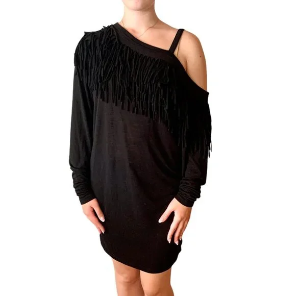 Nicholas K | Dresses | Nicholas K Fringed Knit Dress Small Asymmetric T  Shirt Style Black Soft Casual | Poshmark